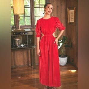 THE ODELLS Red Velvet Smocked Maxi Dress